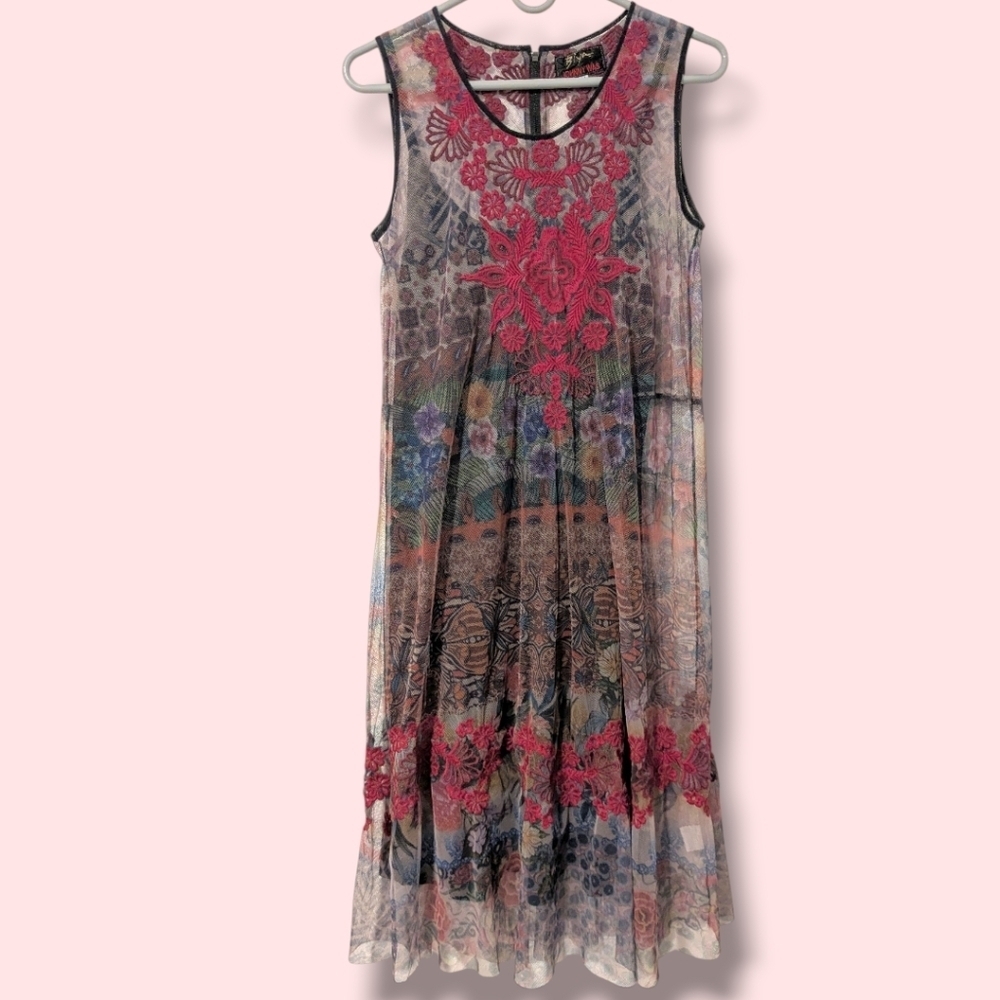 Johnny Was Embroidered Printed Sheer Mesh Chiffon Sleeveless Midi Slip Dress